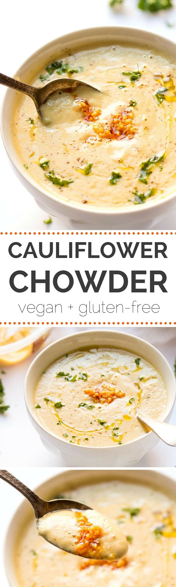 Delicious and super easy to make, this 30 MINUTE cauliflower chowder is made with roasted garlic, cashews and potatoes. Check out!