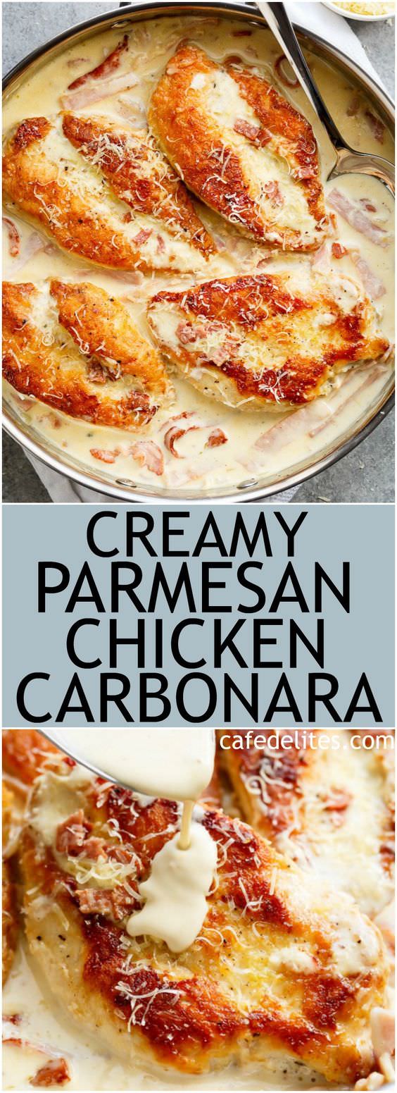 Creamy Parmesan Carbonara Chicken is the ultimate twist! Crispy, golden chicken fillets in a carbonara-inspired sauce for a new favorite chicken recipe!